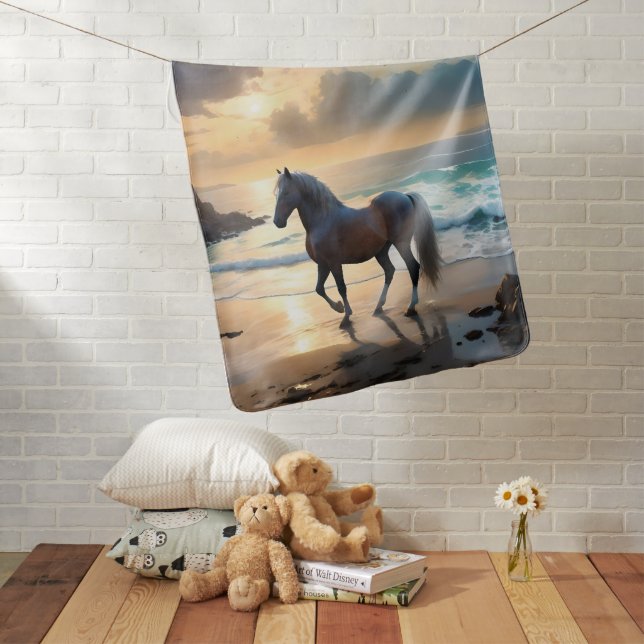 Golden Grace: A Palomino Horse on the Sunset Shore Baby Blanket (In Situ)