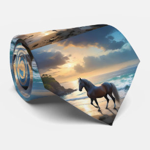 Golden Grace: A Palomino Horse on the Sunset Shore Neck Tie