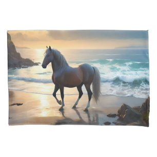 Golden Grace: A Palomino Horse on the Sunset Shore Pillow Case