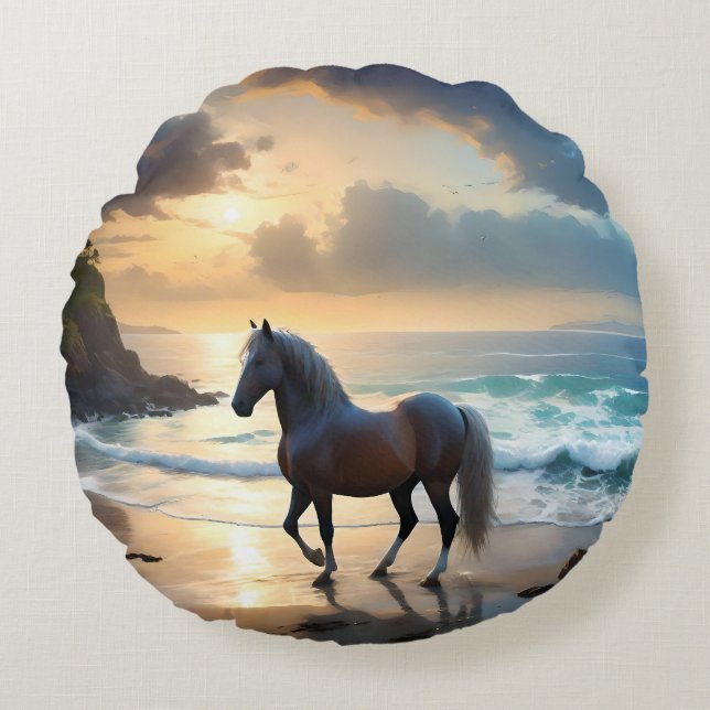 Golden Grace: A Palomino Horse on the Sunset Shore Round Pillow (Front)