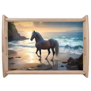 Golden Grace: A Palomino Horse on the Sunset Shore Serving Tray