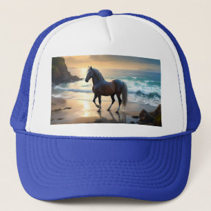 Golden Grace: A Palomino Horse on the Sunset Shore Trucker Hat