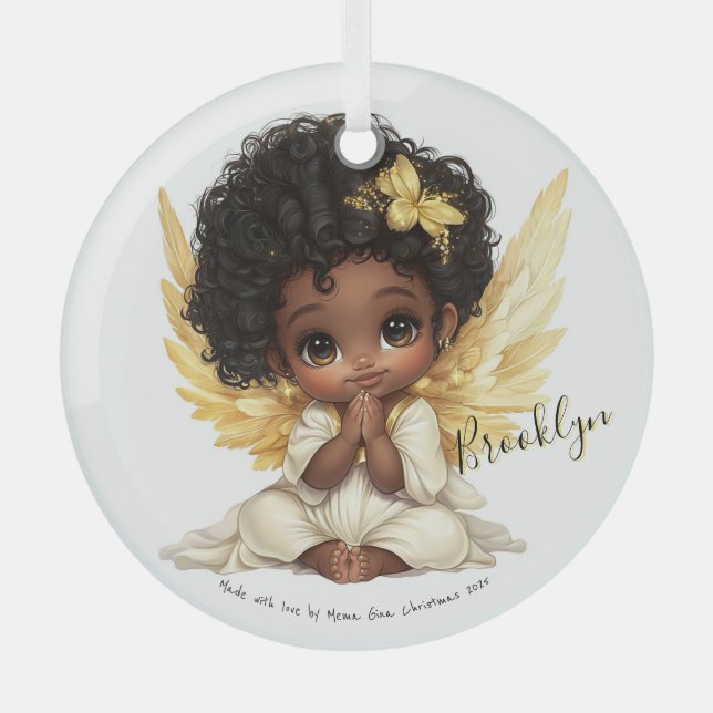 Golden Grace: A Prayerful Angel Child Glass Ornament (Front)