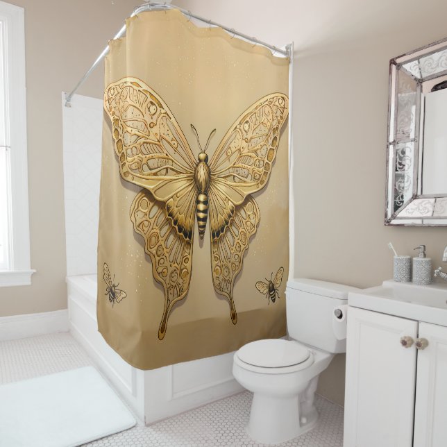 Golden Grace: The Enchanting Butterfly Shower Curtain (In Situ)