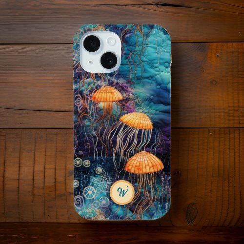 Golden GracefJellyfish in Ocean w Monogram Initial iPhone 15 Case