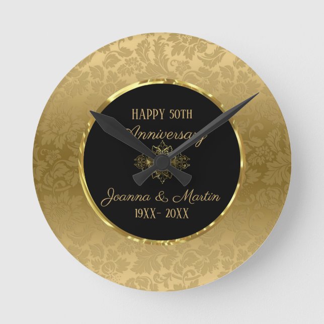 Golden Gradient Damask Pattern Anniversary  Round Clock (Front)