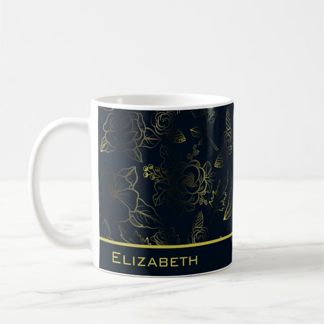 Golden gradient floral pattern personalized name  coffee mug (Left)