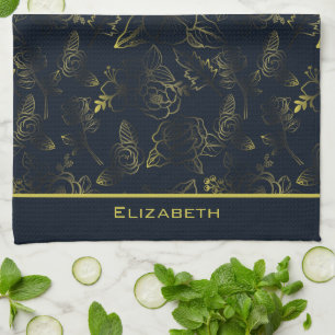 Golden gradient floral pattern personalized name  kitchen towel