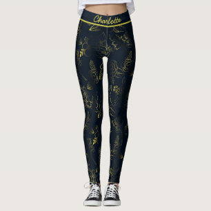 Golden gradient floral pattern personalized name  leggings