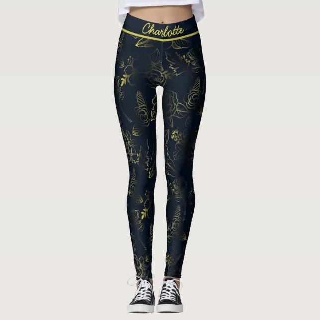 Golden gradient floral pattern personalized name  leggings (Front)