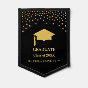 Golden Graduation Cap & Golden Confetti on Black Pennant