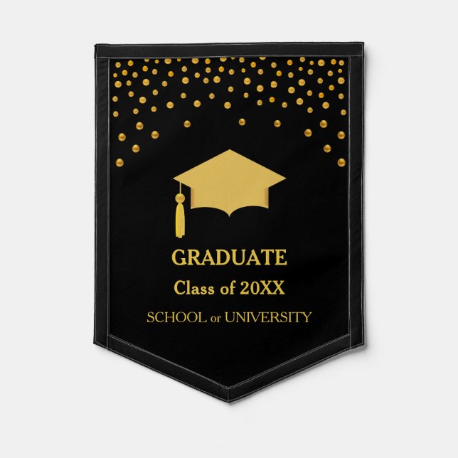 Golden Graduation Cap & Golden Confetti on Black Pennant (Front)