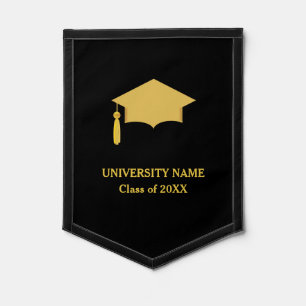 Golden Graduation Cap & Text on Black Pennant