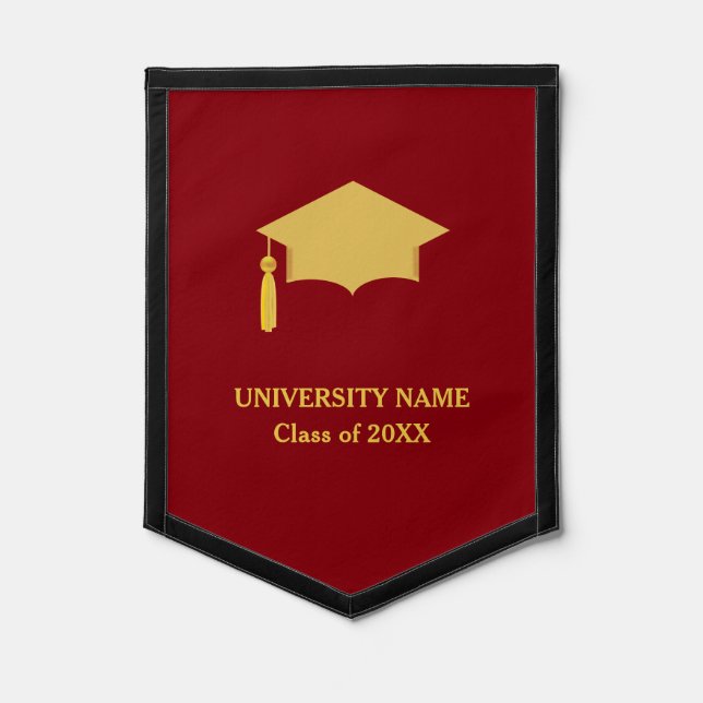 Golden Graduation Cap & Text on Burgundy Pennant (Front)