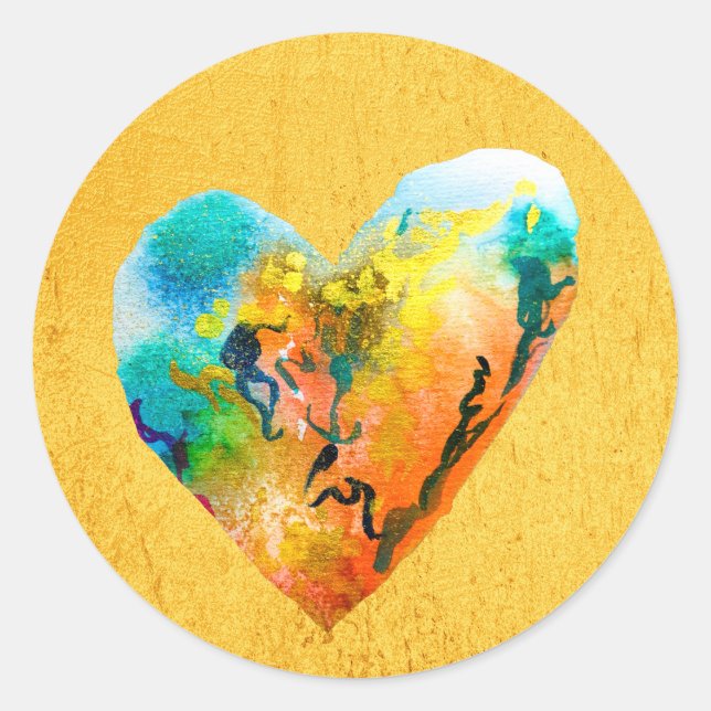 Golden graffiti heart watercolor art classic round sticker (Front)