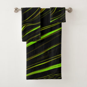 Golden grass or wavy green long strokes on black bath towel set