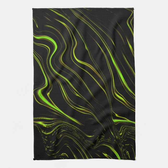 Golden grass, wavy green long traces on black fund kitchen towel (Vertical)