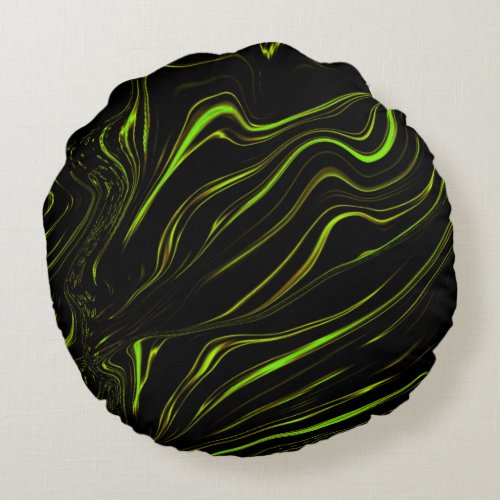 Golden grass wavy green long traces on black fund round pillow