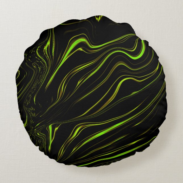Golden grass, wavy green long traces on black fund round pillow (Back)