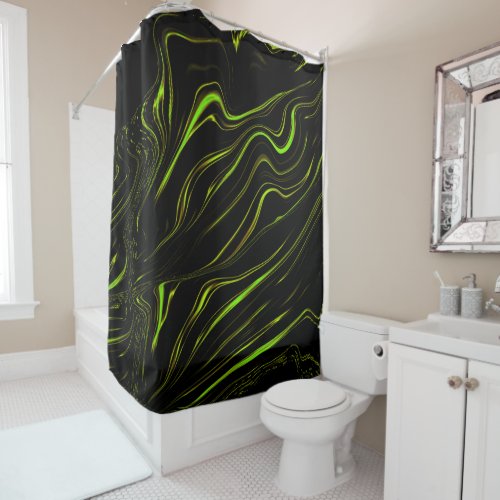 Golden grass wavy green long traces on black fund shower curtain