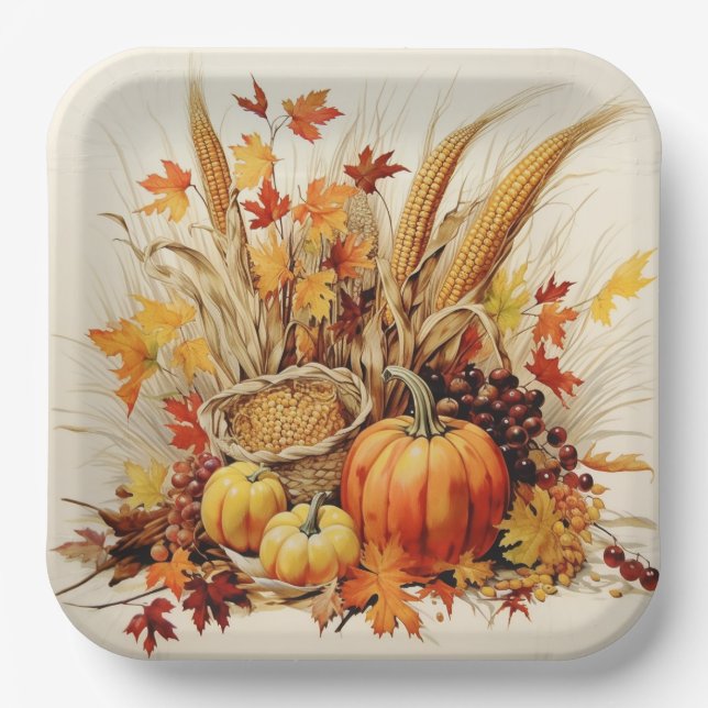 Golden Gratitude Medley: Foliage and Florals Paper Plates (Front)