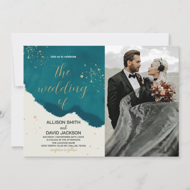Golden Green Art Wedding Invitations with photo (Front)