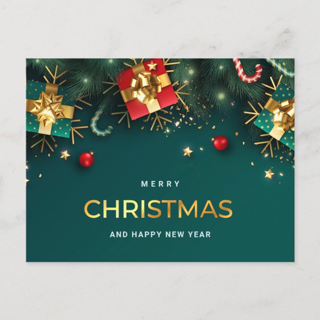 Golden Green Christmas Ornament Corporate Greeting Holiday Postcard (Front)