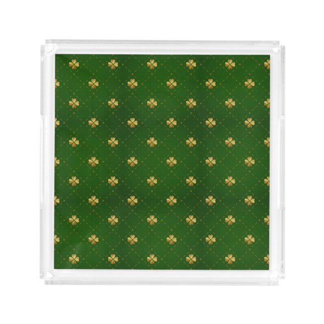 Golden Green Clover Pattern Acrylic Tray (Front)