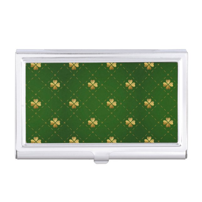 Golden Green Clover Pattern Business Card Case (Front)
