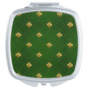 Golden Green Clover Pattern Compact Mirror
