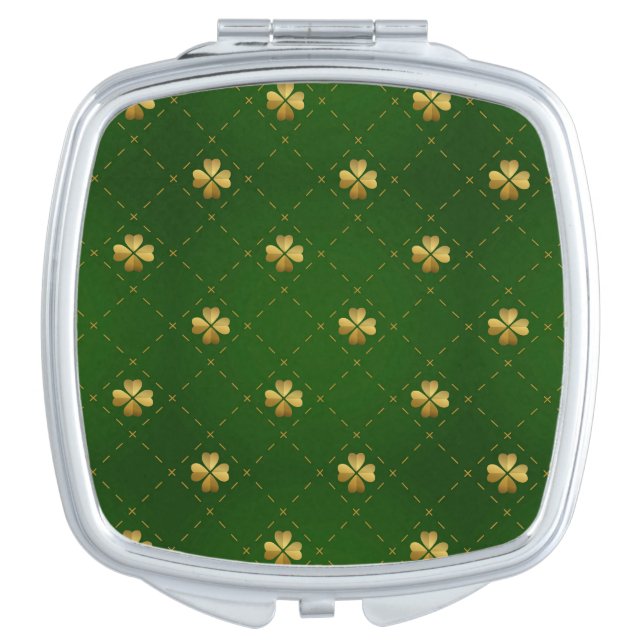 Golden Green Clover Pattern Compact Mirror (Front)