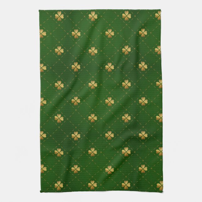 Golden Green Clover Pattern Kitchen Towel (Vertical)