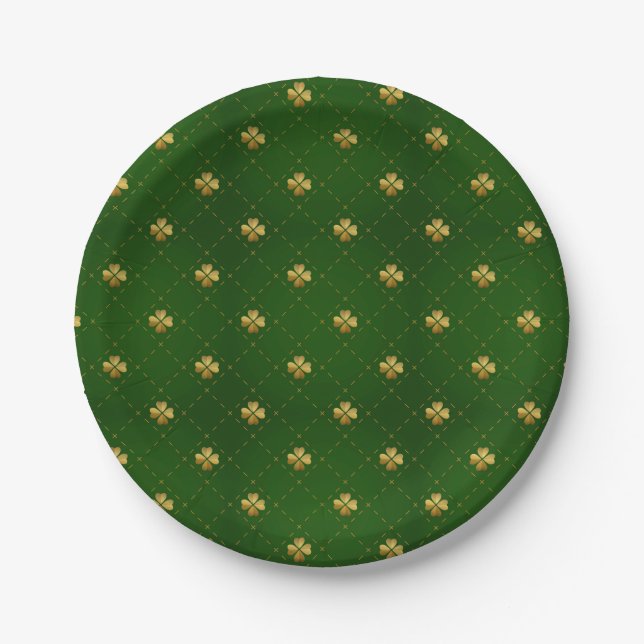 Golden Green Clover Pattern Paper Plates (Front)
