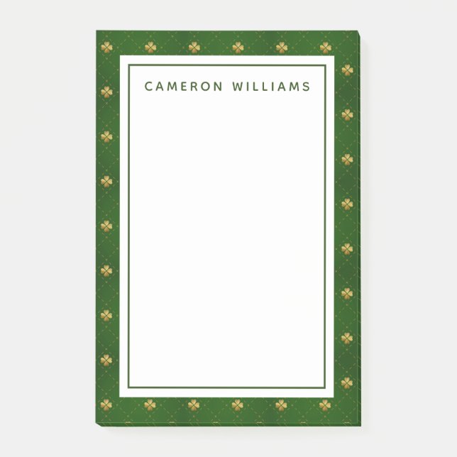 Golden Green Clover Pattern Post-it Notes (Front)
