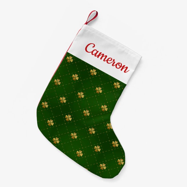 Golden Green Clover Pattern Small Christmas Stocking (Front (Hanging))