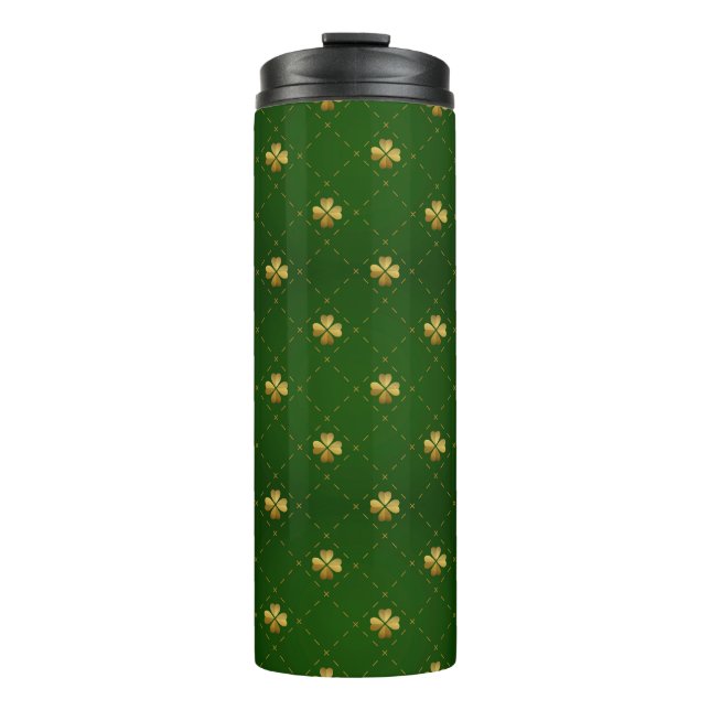 Golden Green Clover Pattern Thermal Tumbler (Front)