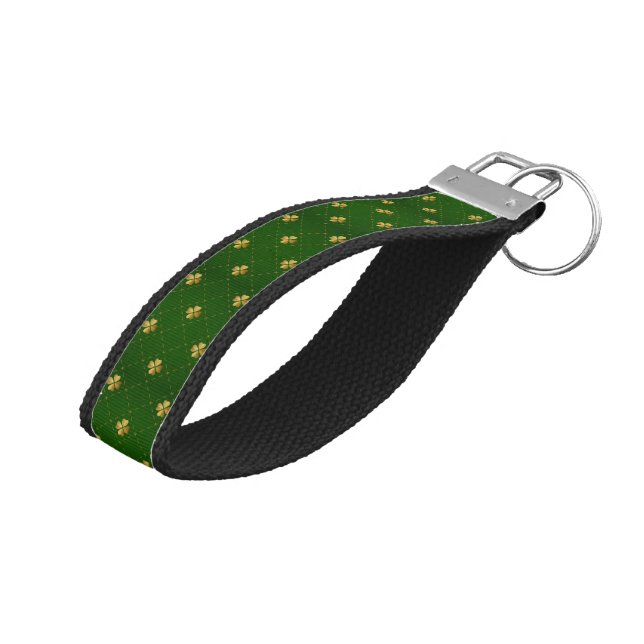 Golden Green Clover Pattern Wrist Keychain (Angled Up)
