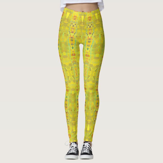 Golden green mosaic geometric design kitty voices  leggings (Front)