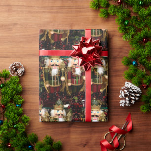 Golden Green Nutcracker Soldiers Christmas Wrapping Paper