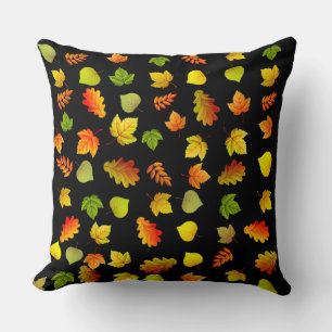 Golden, Green, Orange Autumn Leaves on Black Throw Pillow