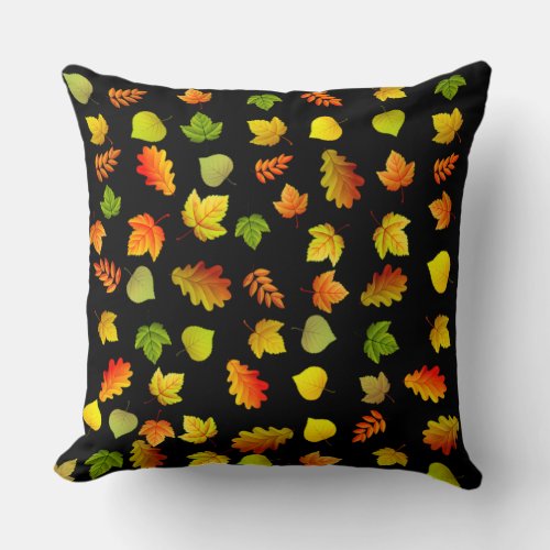 Golden Green Orange Autumn Leaves on Black Throw Pillow