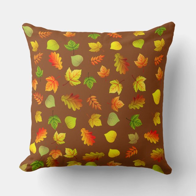 Golden, Green, Orange Autumn Leaves on Brown Throw Pillow (Front)