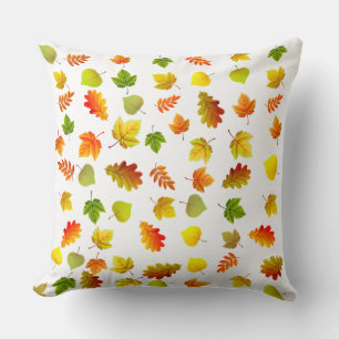 Golden, Green, Orange Autumn Leaves on White Throw Pillow