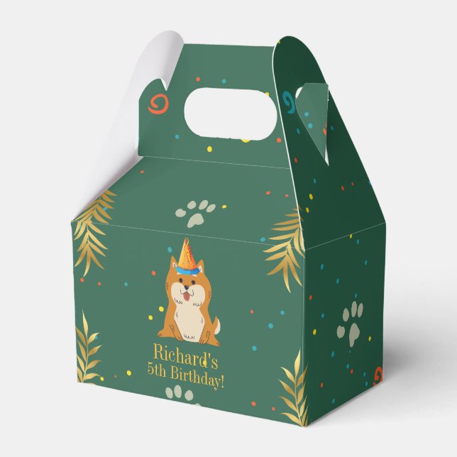 Golden Green Puppy Dog Kid's Birthday Favor Boxes (Front Side)