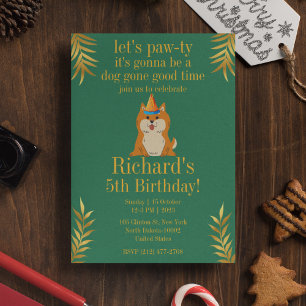 Golden Green Puppy Dog Kid's Birthday Invitation
