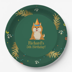 Golden Green Puppy Dog Kid's Birthday Paper Plates