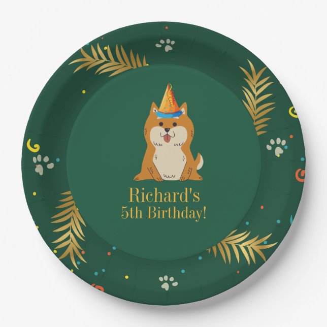 Golden Green Puppy Dog Kid's Birthday Paper Plates (Front)