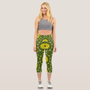 Golden Green Sunburst Kaleidoscope Floral Pattern Capri Leggings