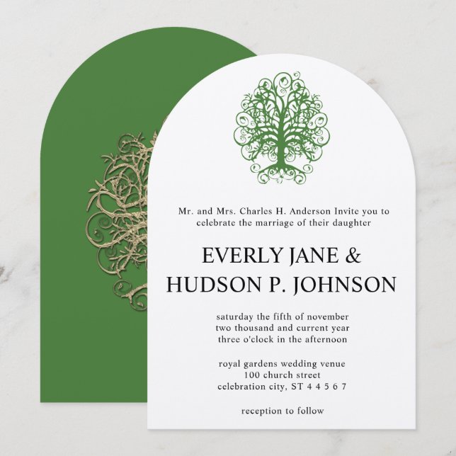 Golden Green Swirl Tree Roots of Love Wedding  Inv Invitation (Front/Back)