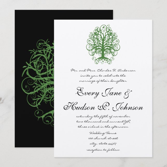 Golden Green Swirl Tree Roots of Love Wedding  Inv Invitation (Front/Back)